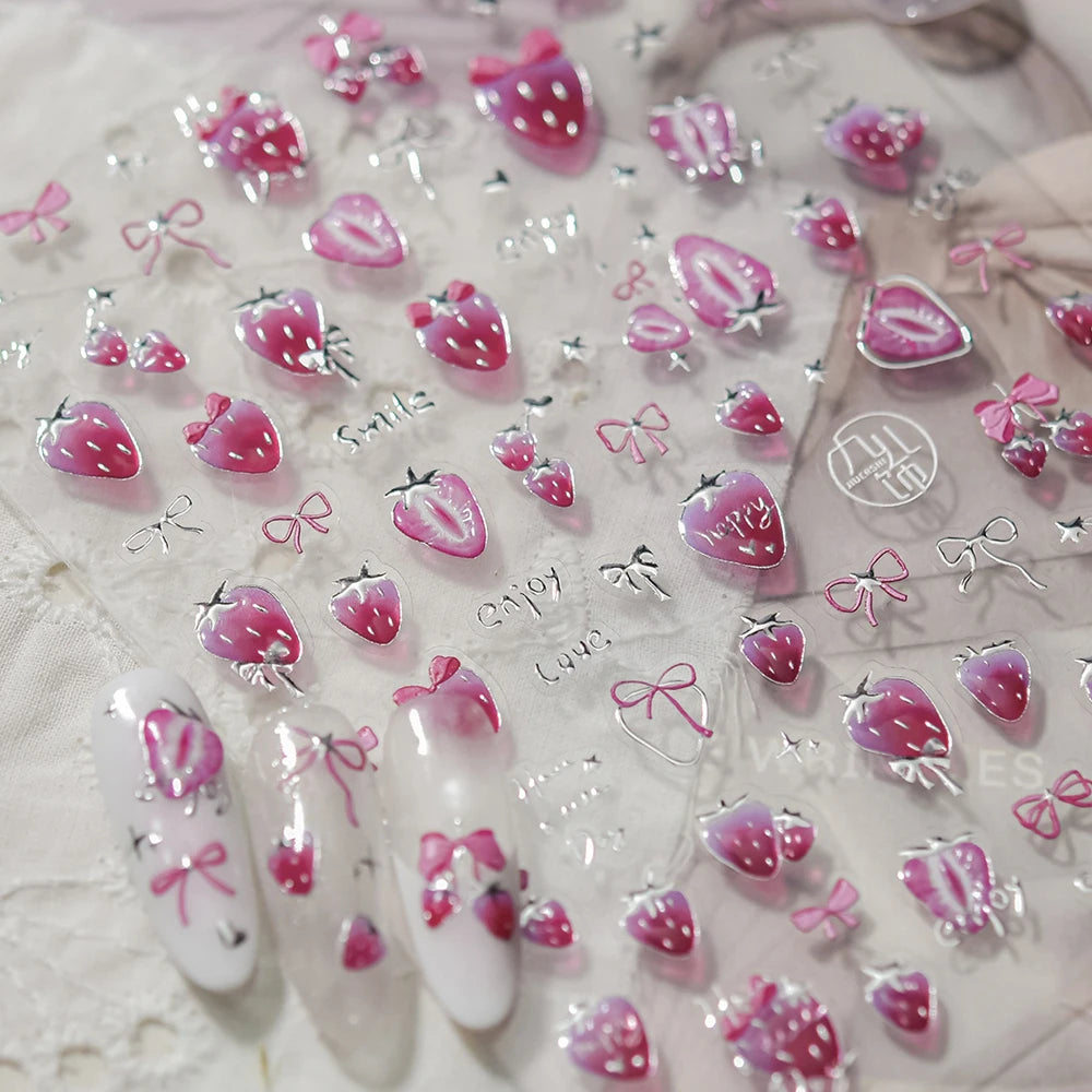 5D Nail Art Stickers – Strawberry Cherry Hearts & Bowknot Decals Nail Art Stickers QXL