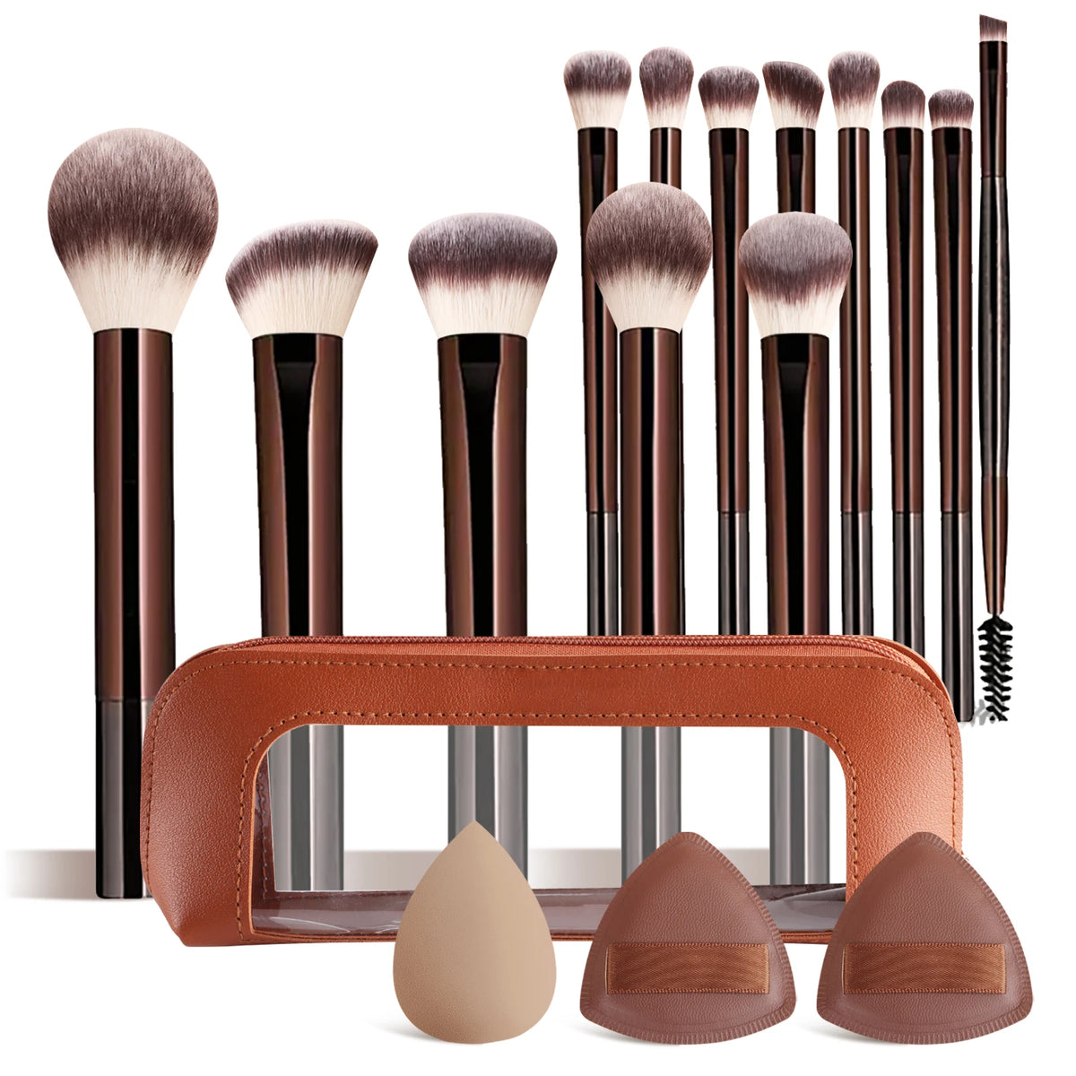 13-Pc Makeup Brush Set with Bag, Sponge & Puff | Ronshadow Makeup Brush Set QXL Chocolate