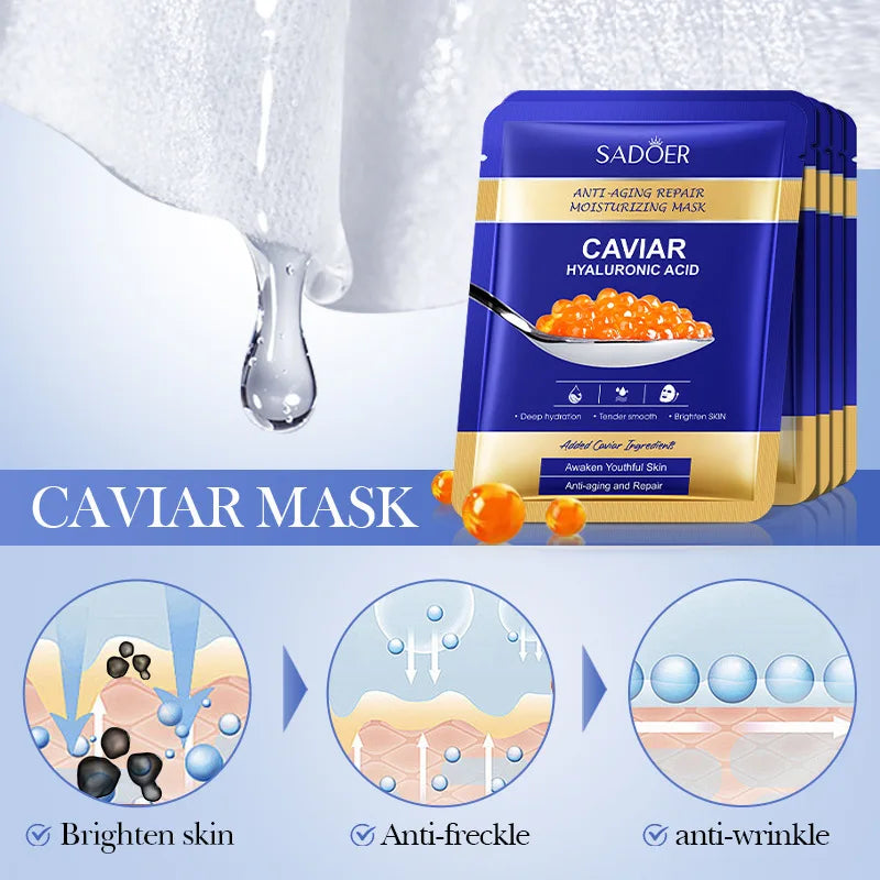 SADOER Caviar Hyaluronic Acid Face Masks 5-Pack | Brightening Hydrating Sheet Mask QXL