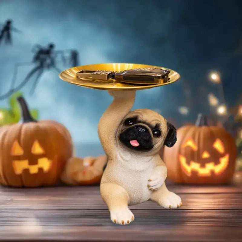 Pug Statue Tabletop Tray | Key, Snack & Desk Organizer Decorative Storage Tray QXL