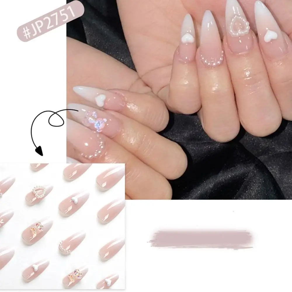 Long Almond Press-On Nails | Y2K French Heart Bow Pearl Set Press-On Nail Set QXL