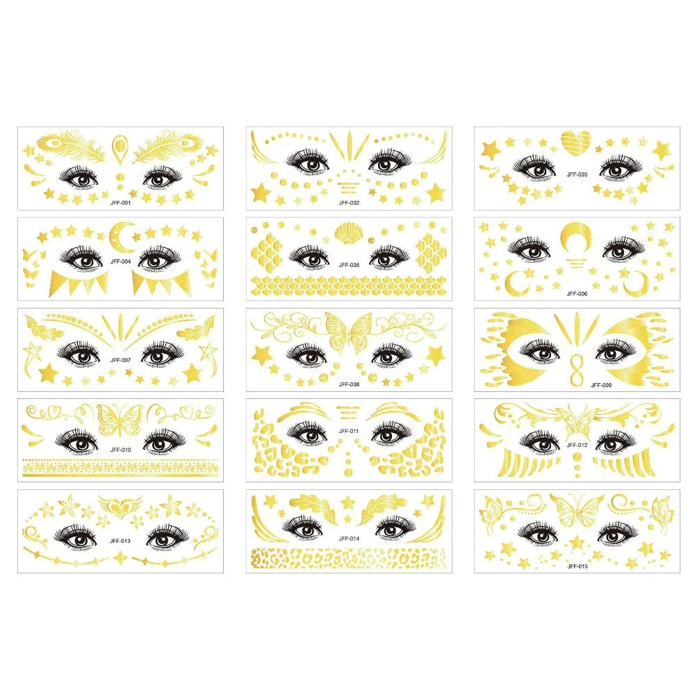Gold Glitter Face Tattoo Stickers – 15-Pack Waterproof Temporary Temporary Face Tattoos QXL Gold