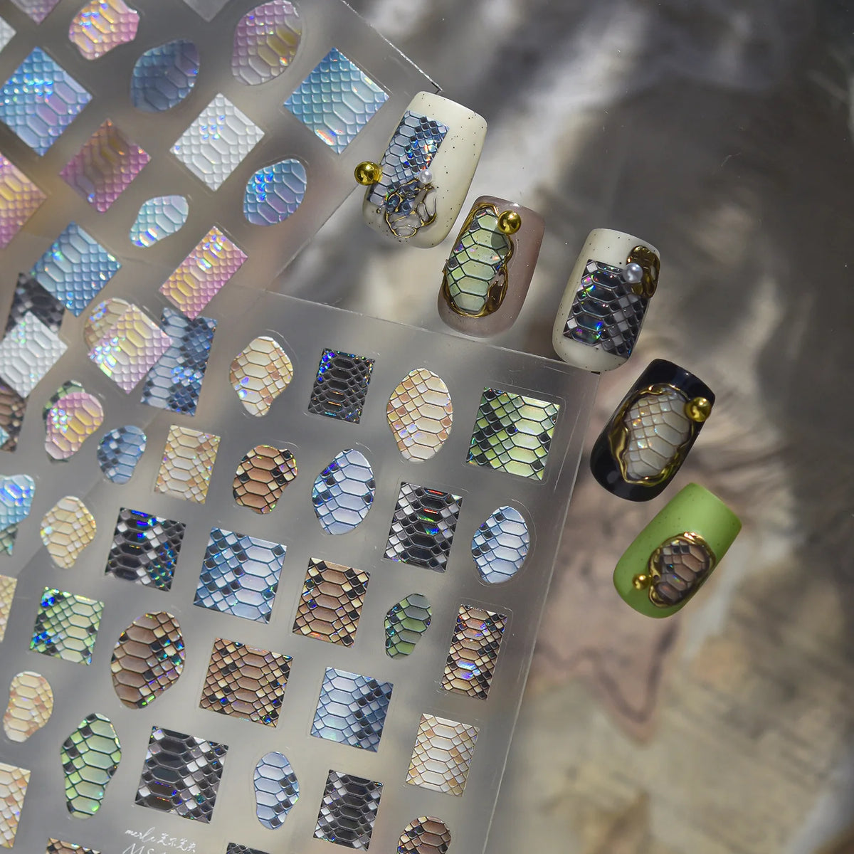 5D Iridescent Snake Scale Nail Stickers | Embossed Decals Nail Art Stickers QXL