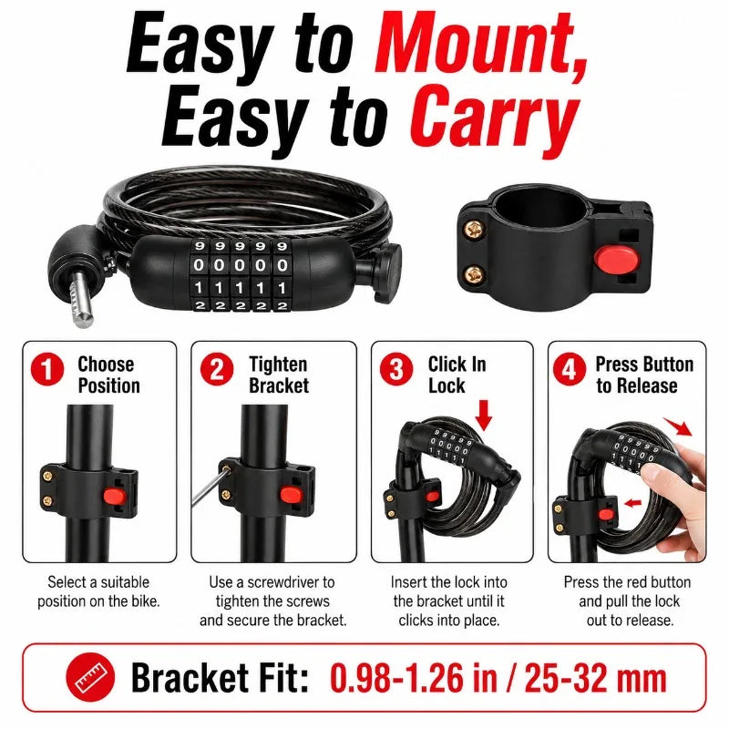 4/5-Digit Bike Combination Cable Lock 110cm | PVC Steel Bicycle Cable Lock QXL