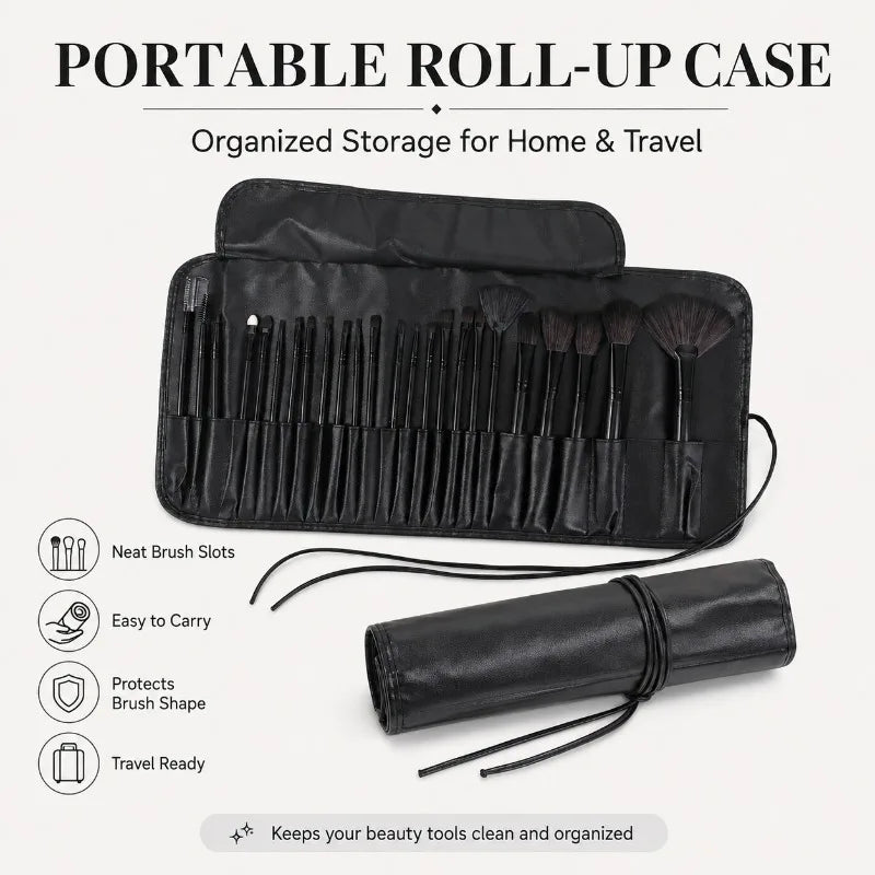 24-Piece Makeup Brush Set with Roll-Up Case | Face & Eye Makeup Brush Set QXL