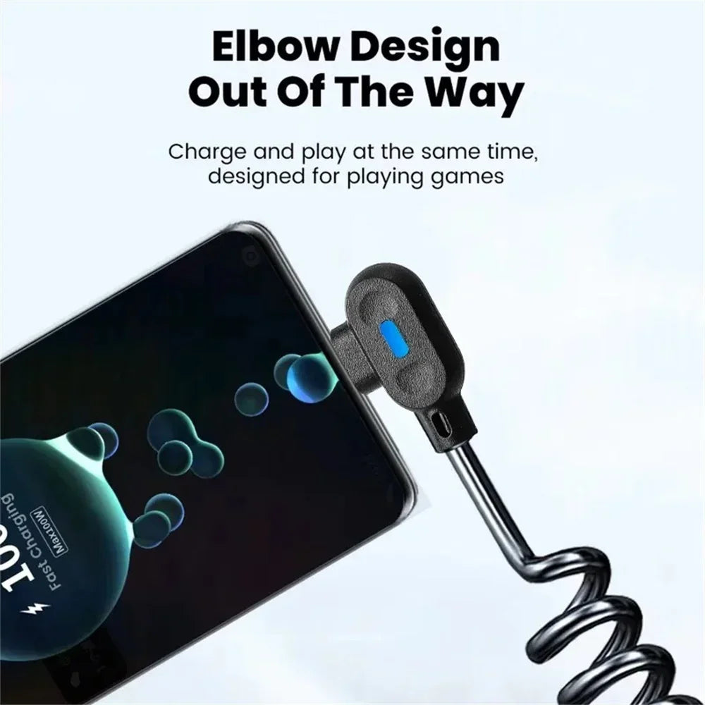 120W 6A USB-C Spring Coil Fast Charging Cable – Elbow Cord USB-C Charging Cable QXL