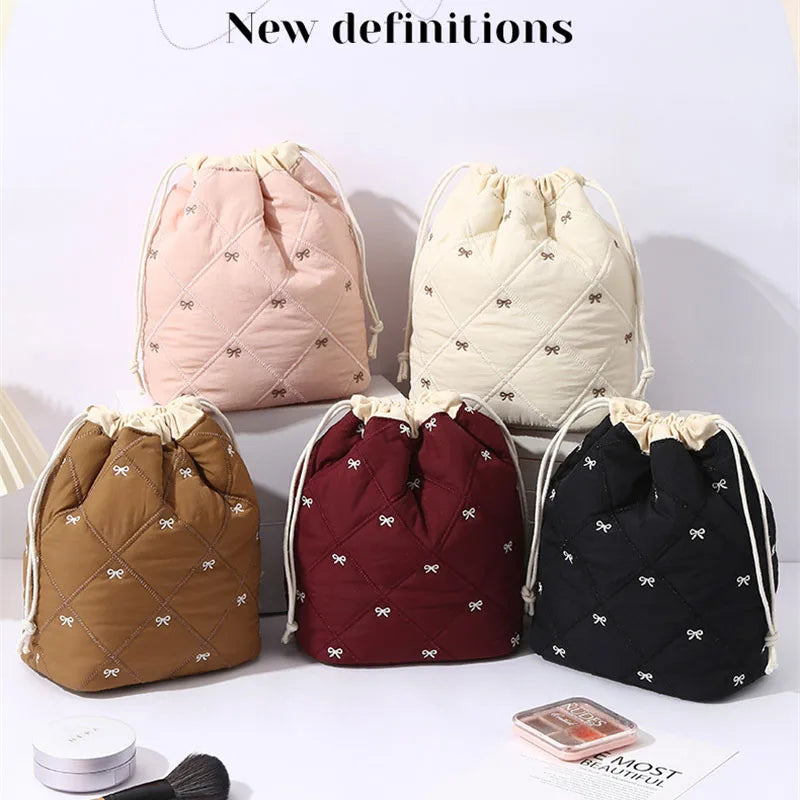 Quilted Drawstring Makeup Bag | Bow Embroidery Cosmetic Organizer Cosmetic Drawstring Bag QXL