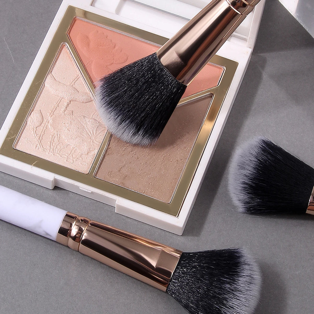 3-Piece Powder & Blush Brush Set | Marble Handle Rose Gold Makeup Brush Set QXL
