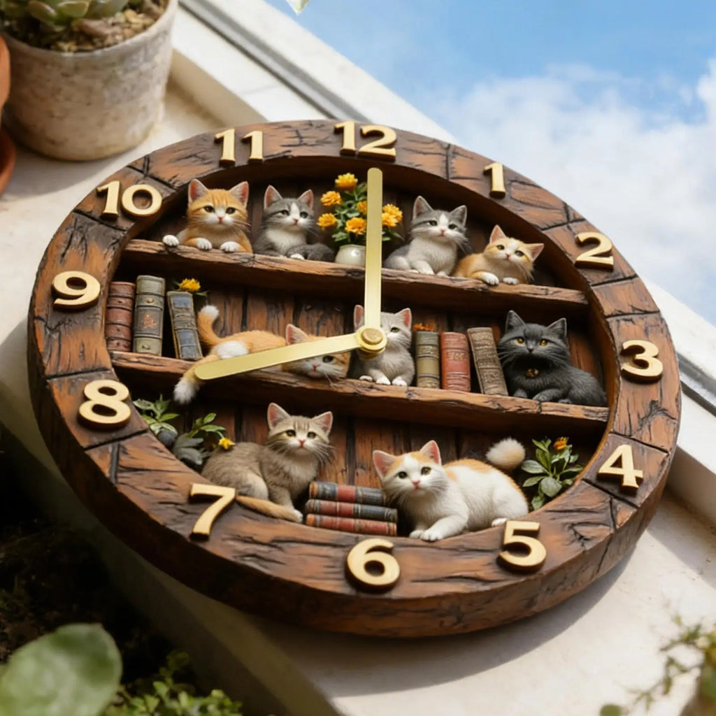 11.81" Cat Theme Wooden Wall Clock | Silent Sweep Movement Decorative Wall Clock QXL