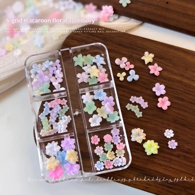 3D Pastel Macaron Flower Nail Charms | 6-Grid Box, 100 Pcs Nail Art Charms QXL