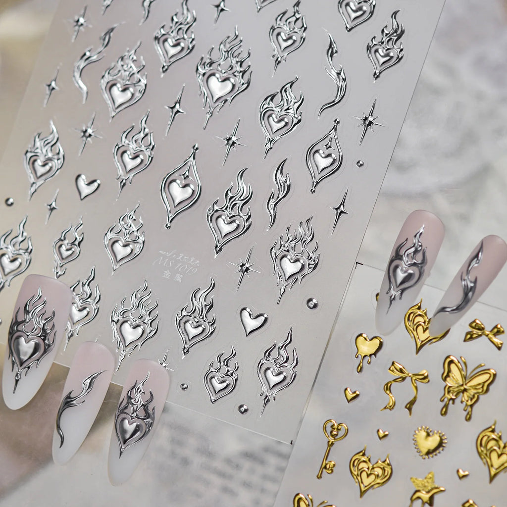 5D Silver Nail Stickers – Flame, Star & Rivet Nail Decals Nail Art Stickers QXL