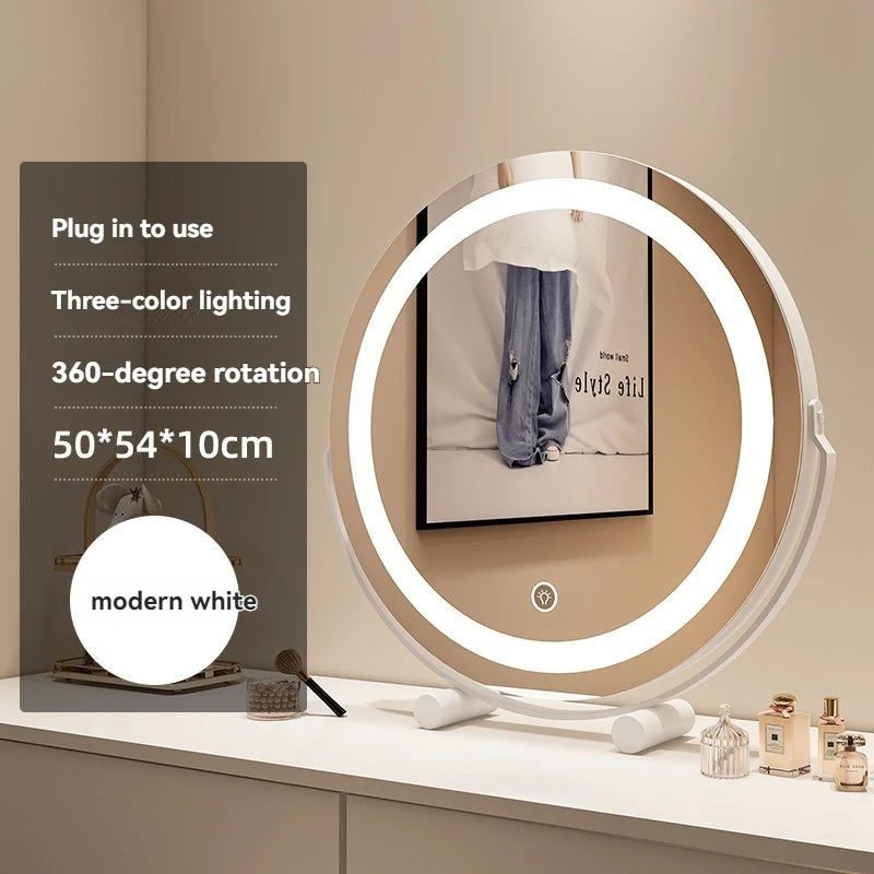 LED Vanity Mirror with Lights | HD Round Desktop Makeup Mirror LED Makeup Mirror QXL White W50cm