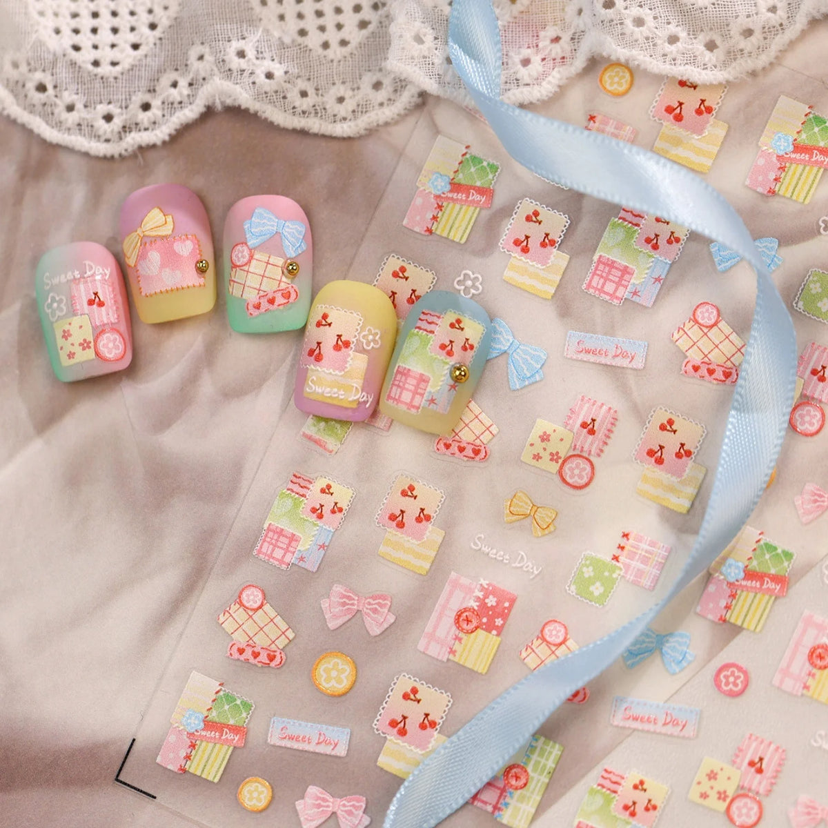 5D Nail Stickers – Plaid Cherry Blossom Bow Decals | DIY Nail Art Stickers QXL