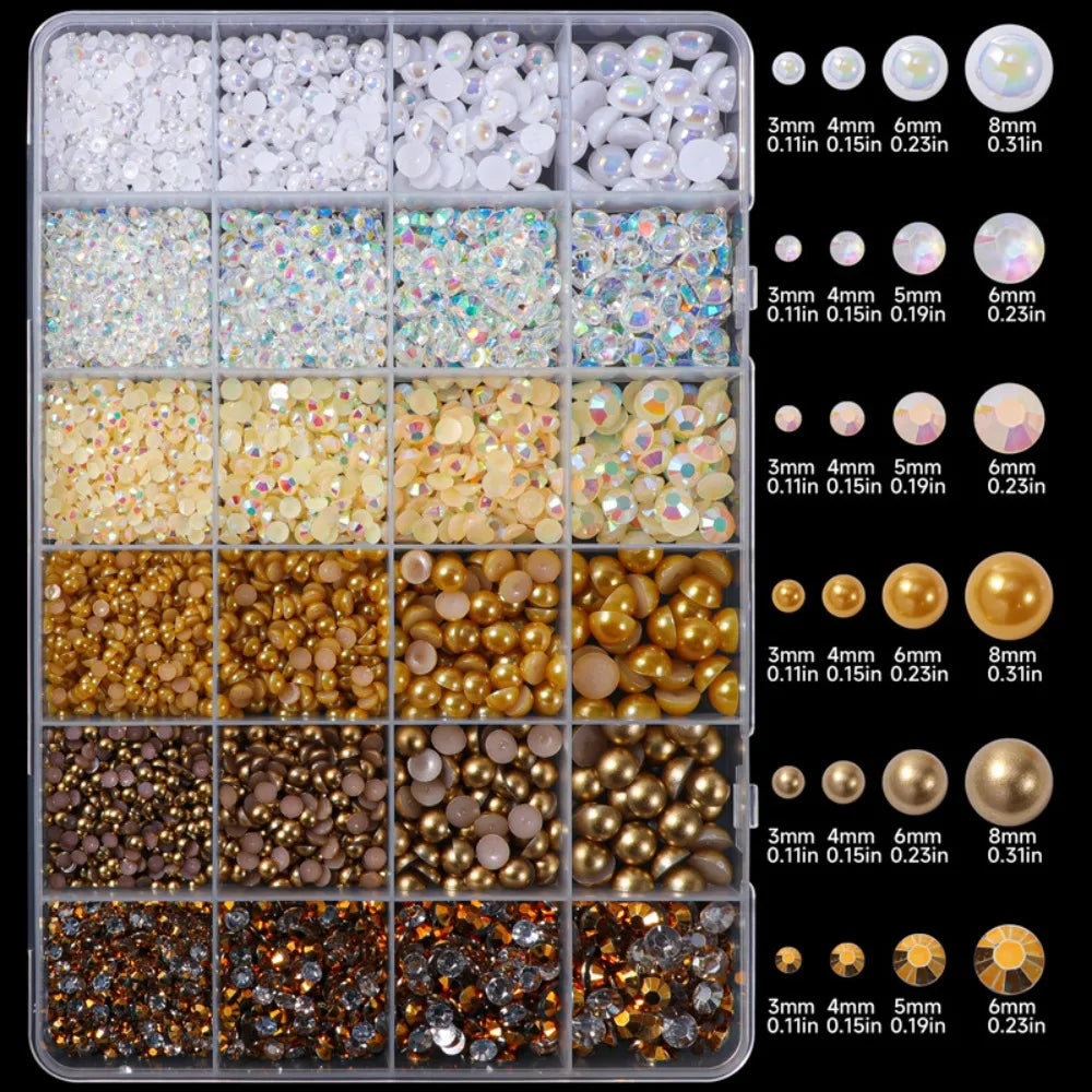 Flatback Pearls & Rhinestones Kit 3–8mm | 24-Grid Mixed Gems Nail Art Rhinestone Kit QXL WHITE