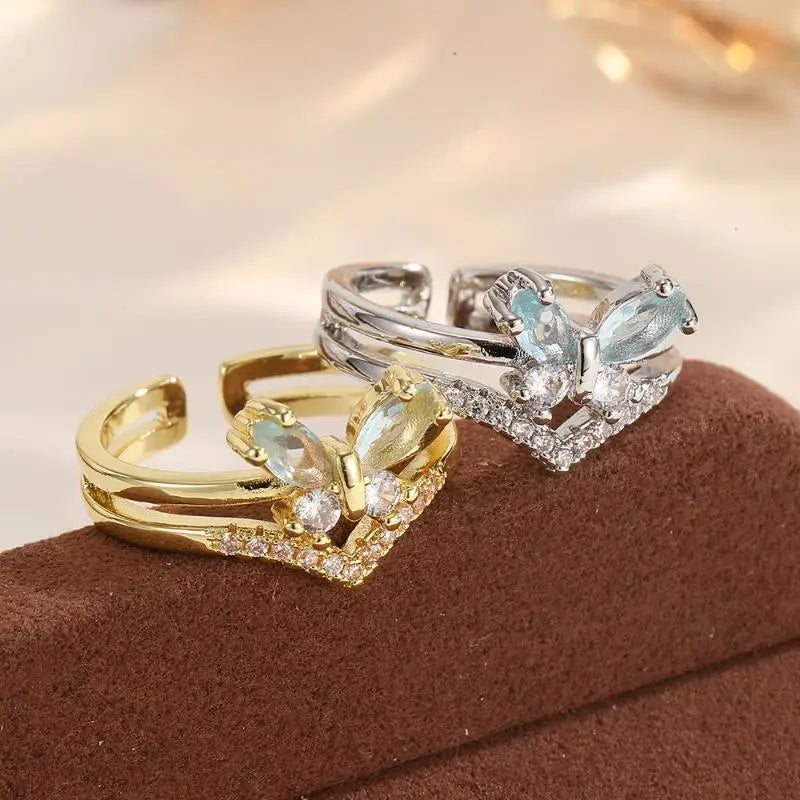 Double Layer Butterfly Mermaid Tail Crystal Ring | Adjustable Fashion Ring QXL