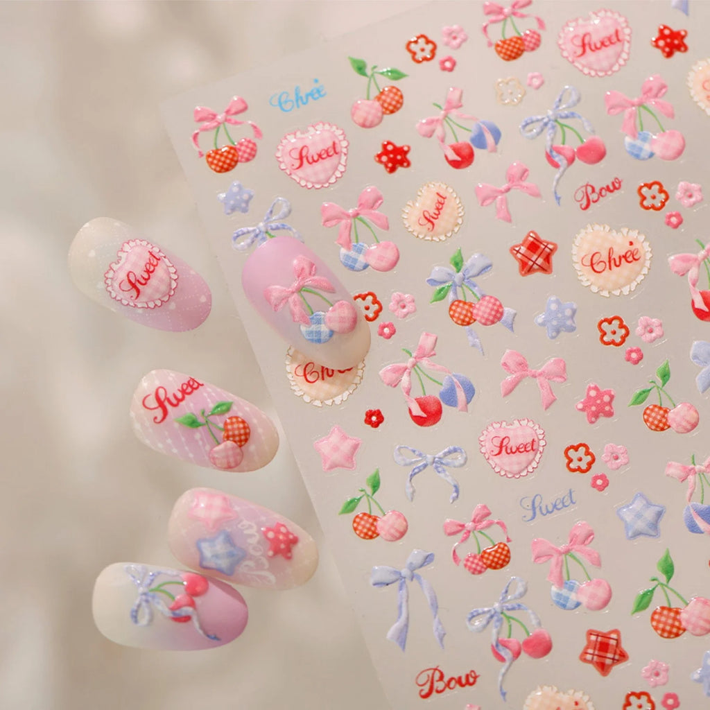 5D Retro French Nail Art Stickers – Cherry, Bow & Lace Decals Nail Art Stickers QXL