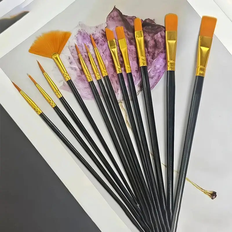 12-Pc Flat Nylon Paint Brush Set | Watercolor, Oil & Acrylic Paint Brush Set QXL