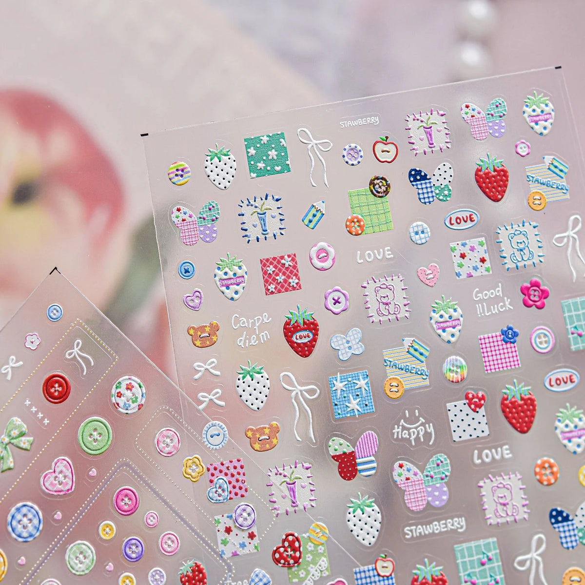 5D Cartoon Nail Stickers | Bear Bow Strawberry Self-Adhesive Nail Art Stickers QXL