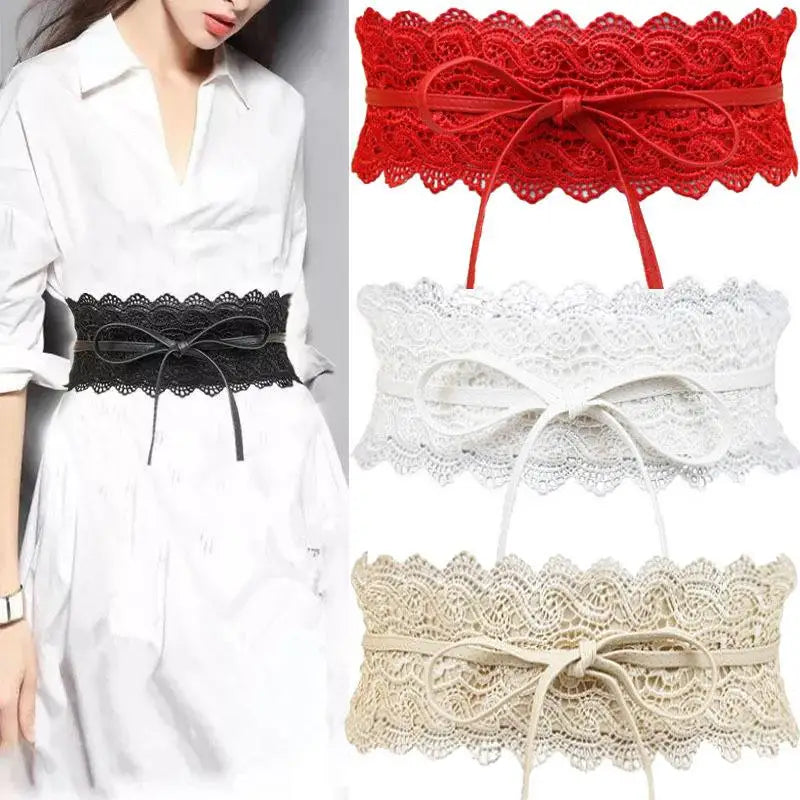 Vintage Boho Lace Bow Wide Waist Belt | Scalloped Sash Wide Waist Belt QXL