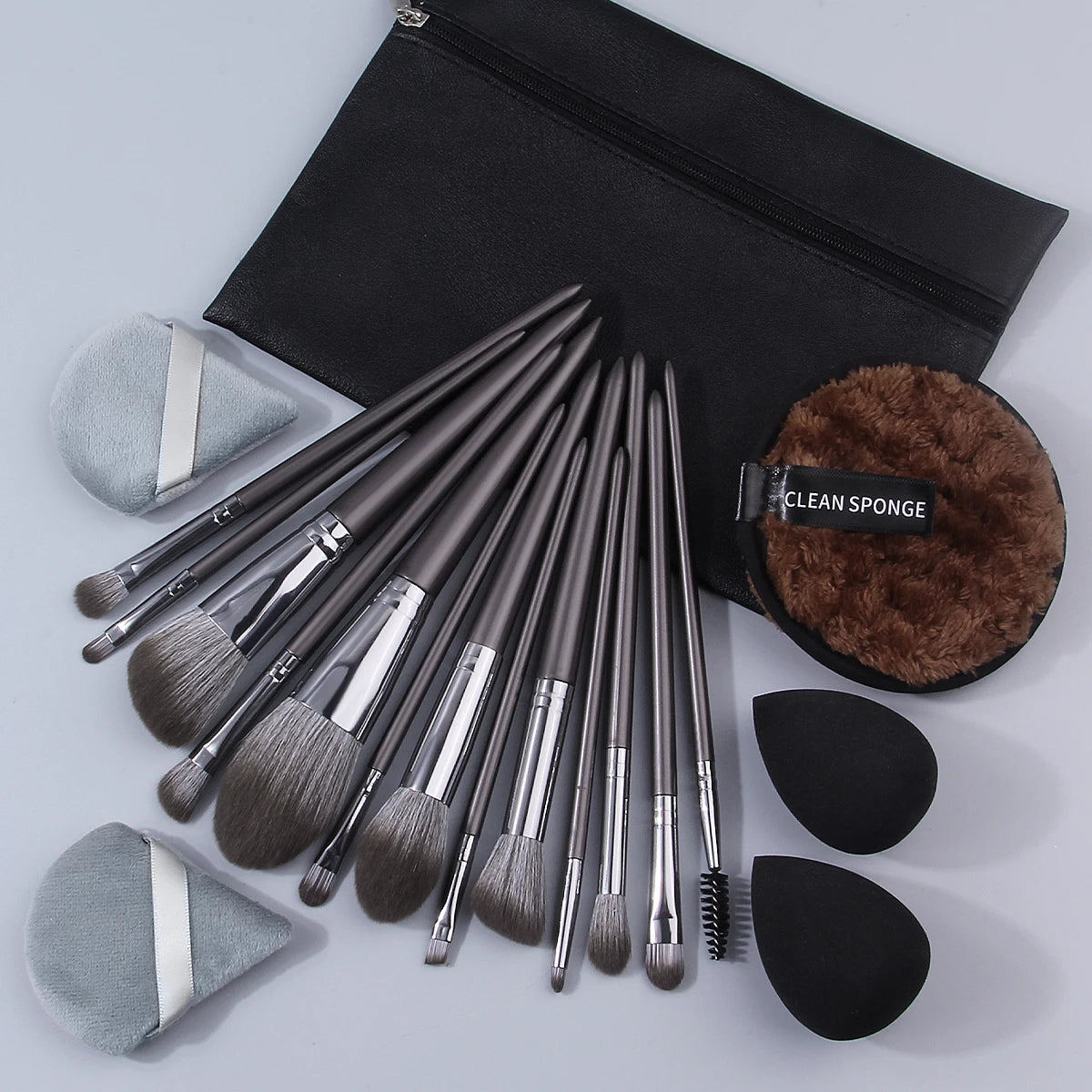 KOSSHOW 19-Pc Silver Makeup Brush Set with Bag & Sponges Makeup Brush Set QXL