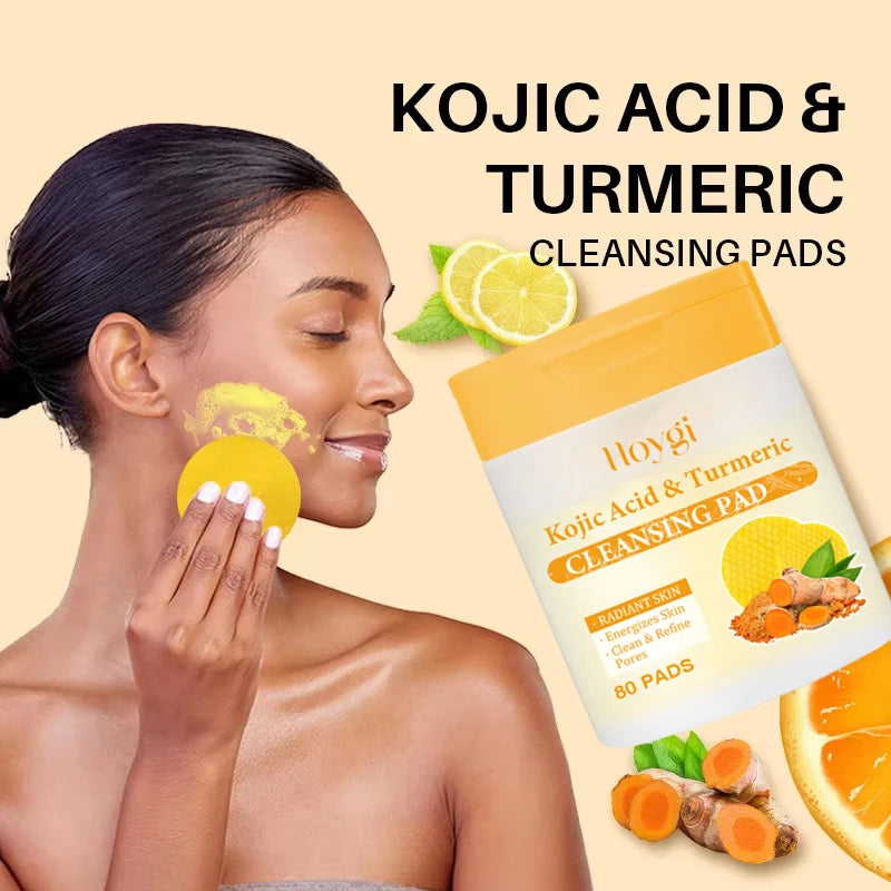 Turmeric Kojic Acid Cleansing Pads 80-Pack | Brighten & Exfoliate Facial Cleansing Pads QXL