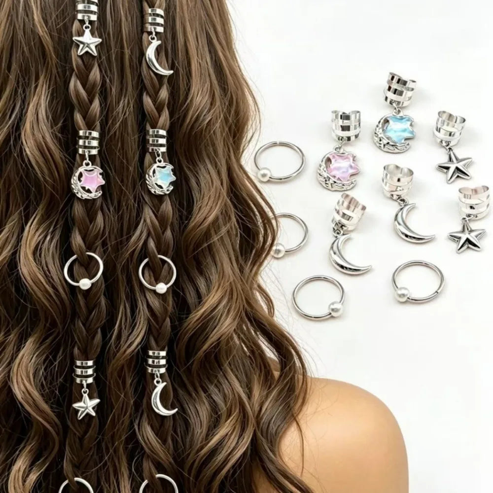 10-Pack Star & Moon Hair Cuffs Braid Rings with Pendants Hair Braid Cuffs QXL