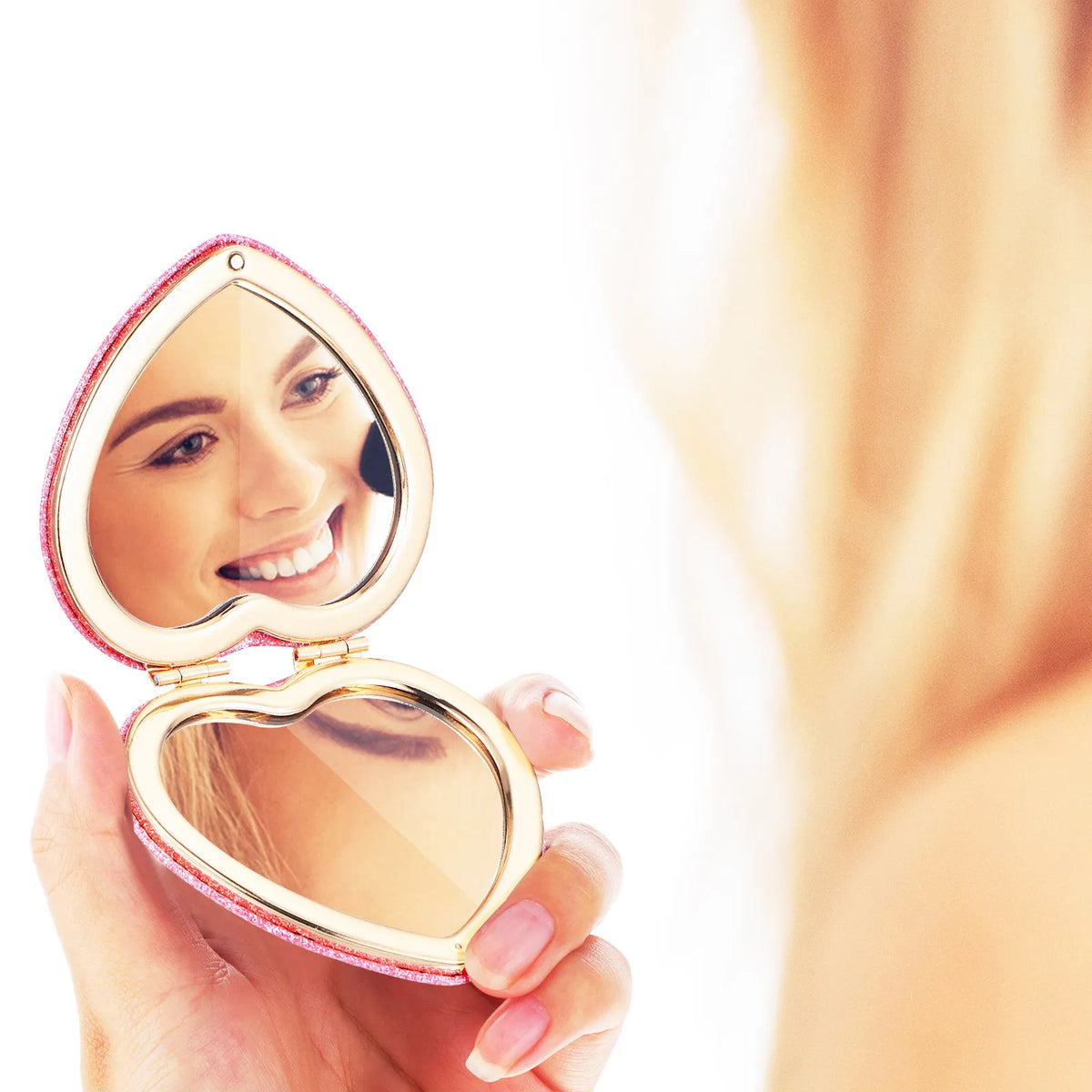 Heart-Shaped Dual-Sided Compact Folding Makeup Mirror | Glitter Compact Makeup Mirror QXL