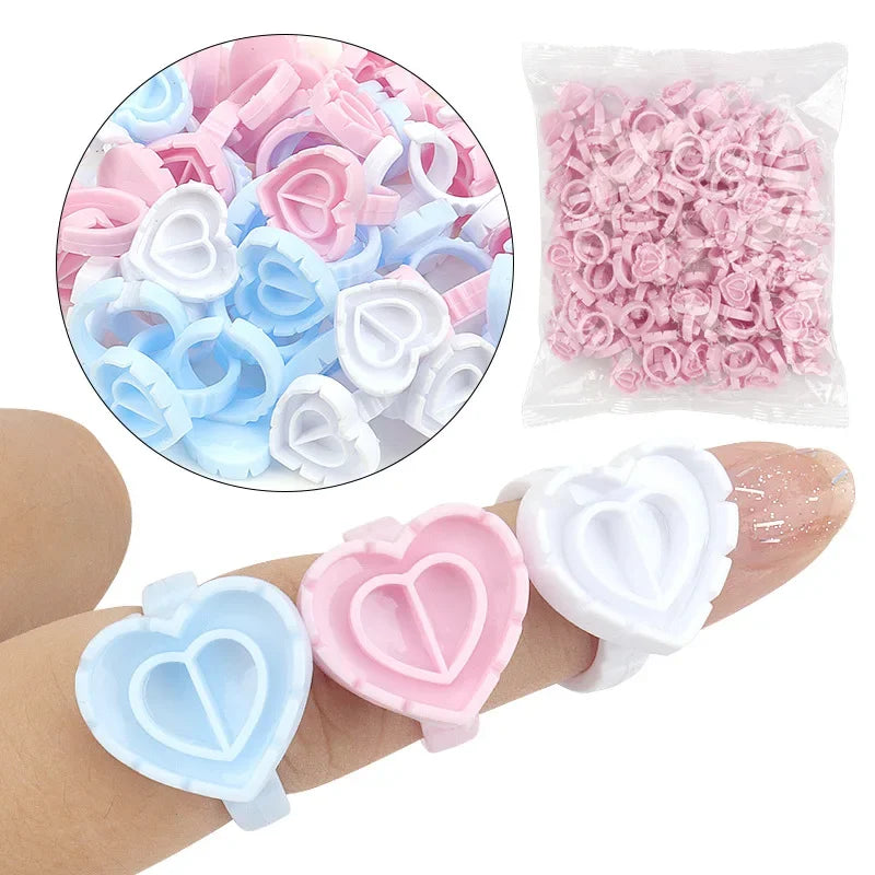 100-Pack Heart-Shaped Glue Ring Cups | Lash & Tattoo Palette Glue Ring Palette QXL