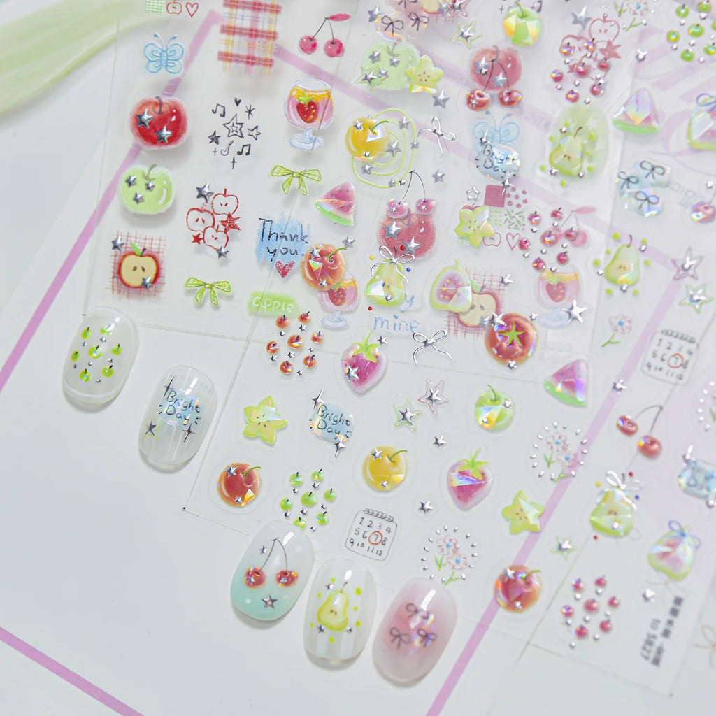 Summer Fruit 5D Nail Stickers – Strawberry Cherry Floral Decals Nail Art Stickers QXL