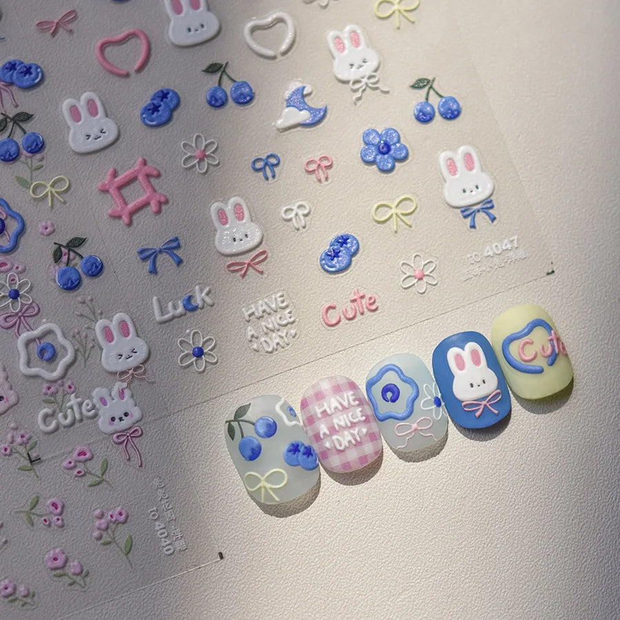 5D Kawaii Rabbit Nail Stickers | Embossed Cartoon Nail Art Decals Nail Art Stickers QXL