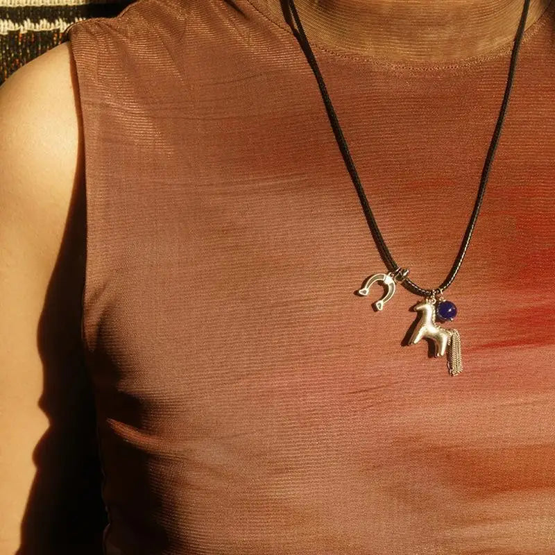 Horse Tassel Pendant Necklace | Y2K Wax Rope Choker Women Pendant Necklace QXL