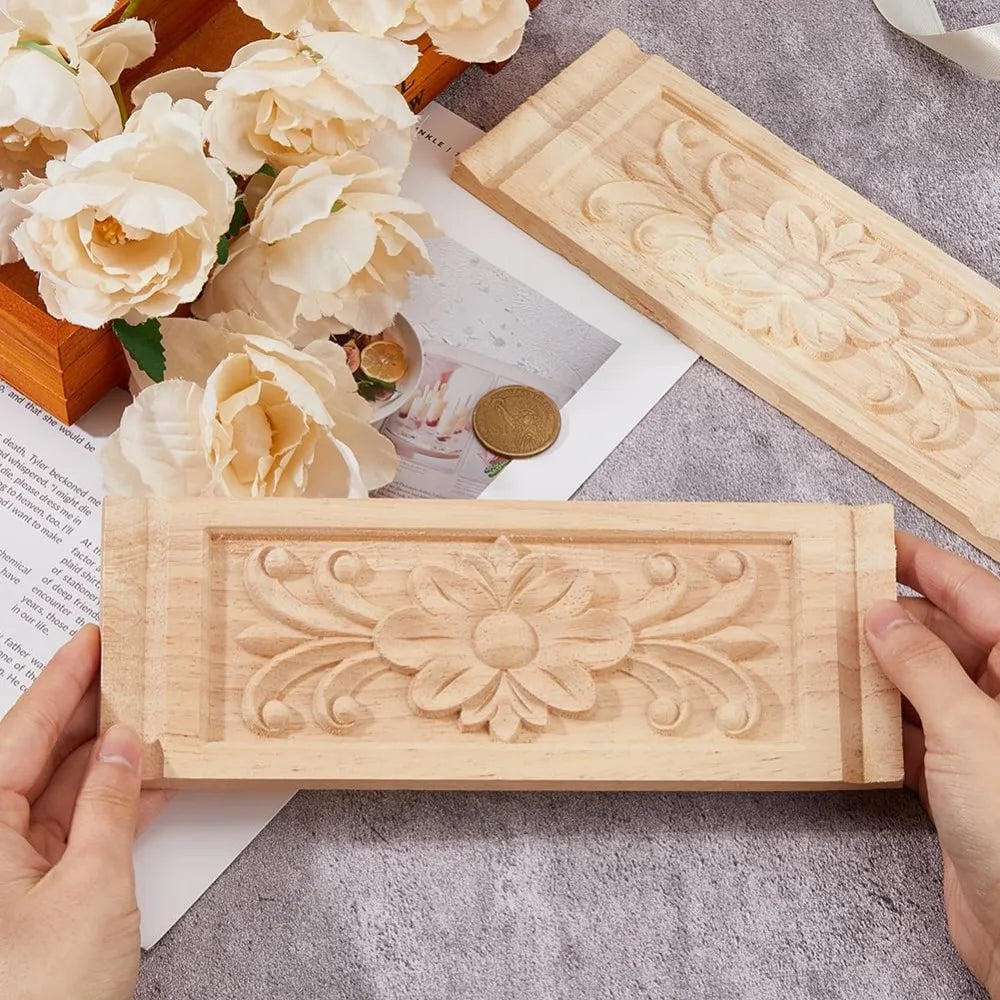 2-Pack Rectangle Wood Carved Applique | Floral Furniture Onlay Wood Carved Applique QXL