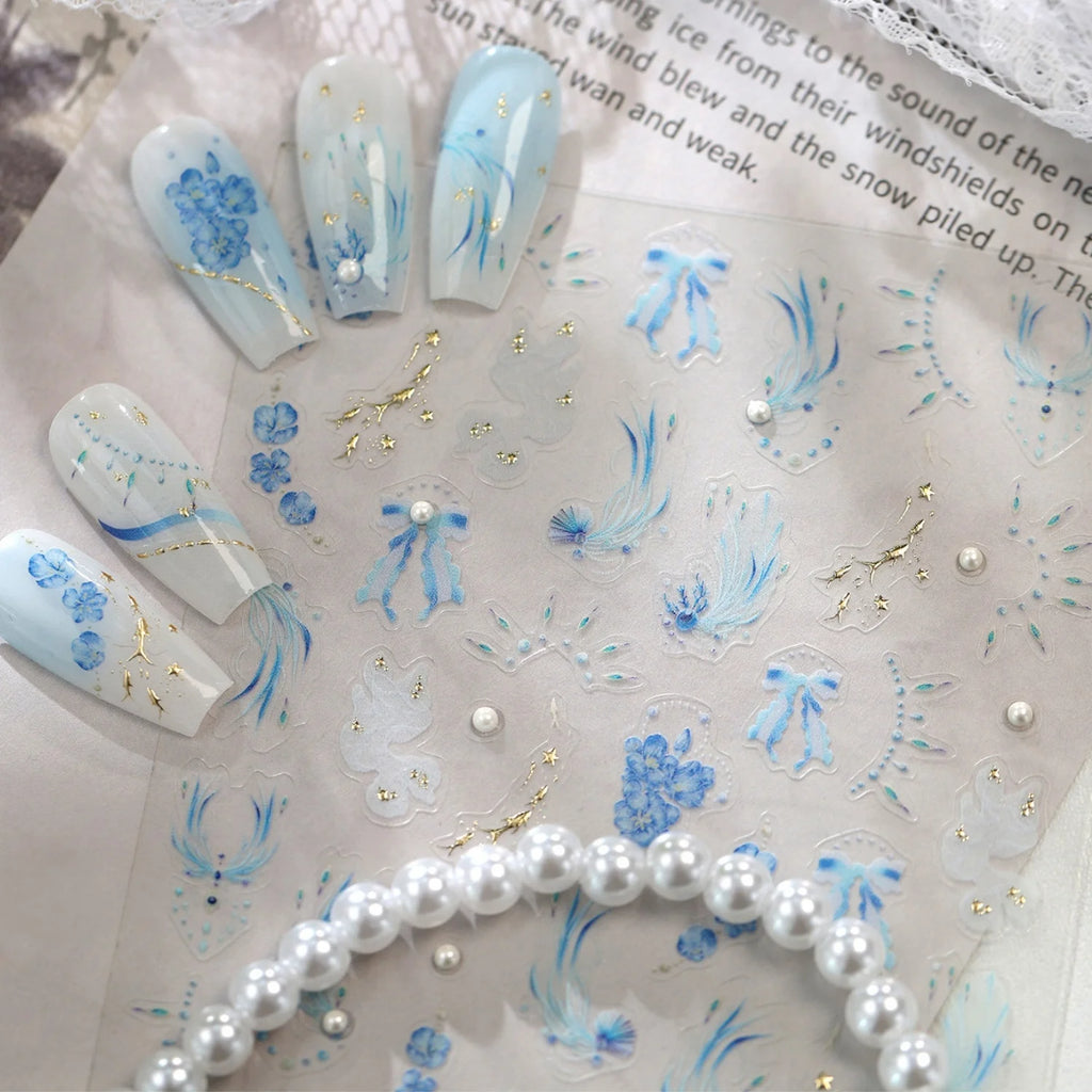 5D Blue Floral Nail Stickers | Pearl & Feather Self-Adhesive Decals Nail Art Stickers QXL
