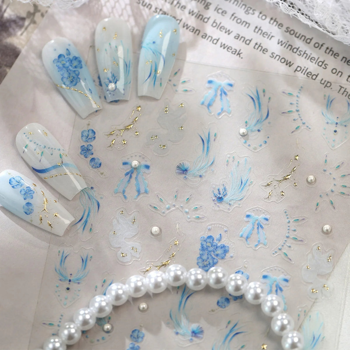5D Blue Floral Nail Stickers | Pearl & Feather Self-Adhesive Decals Nail Art Stickers QXL