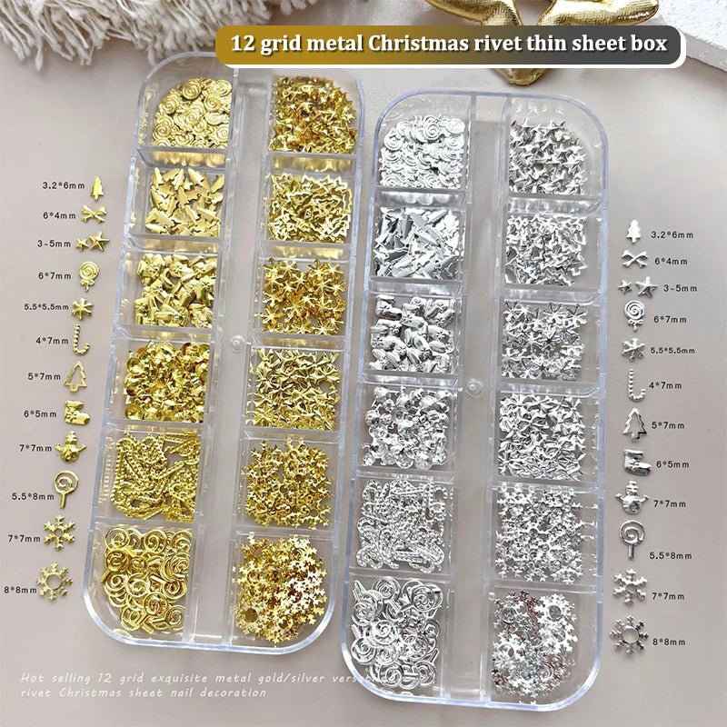 Christmas Nail Art Charms 12-Grid | Metal Xmas Sequins Set Nail Art Charms QXL