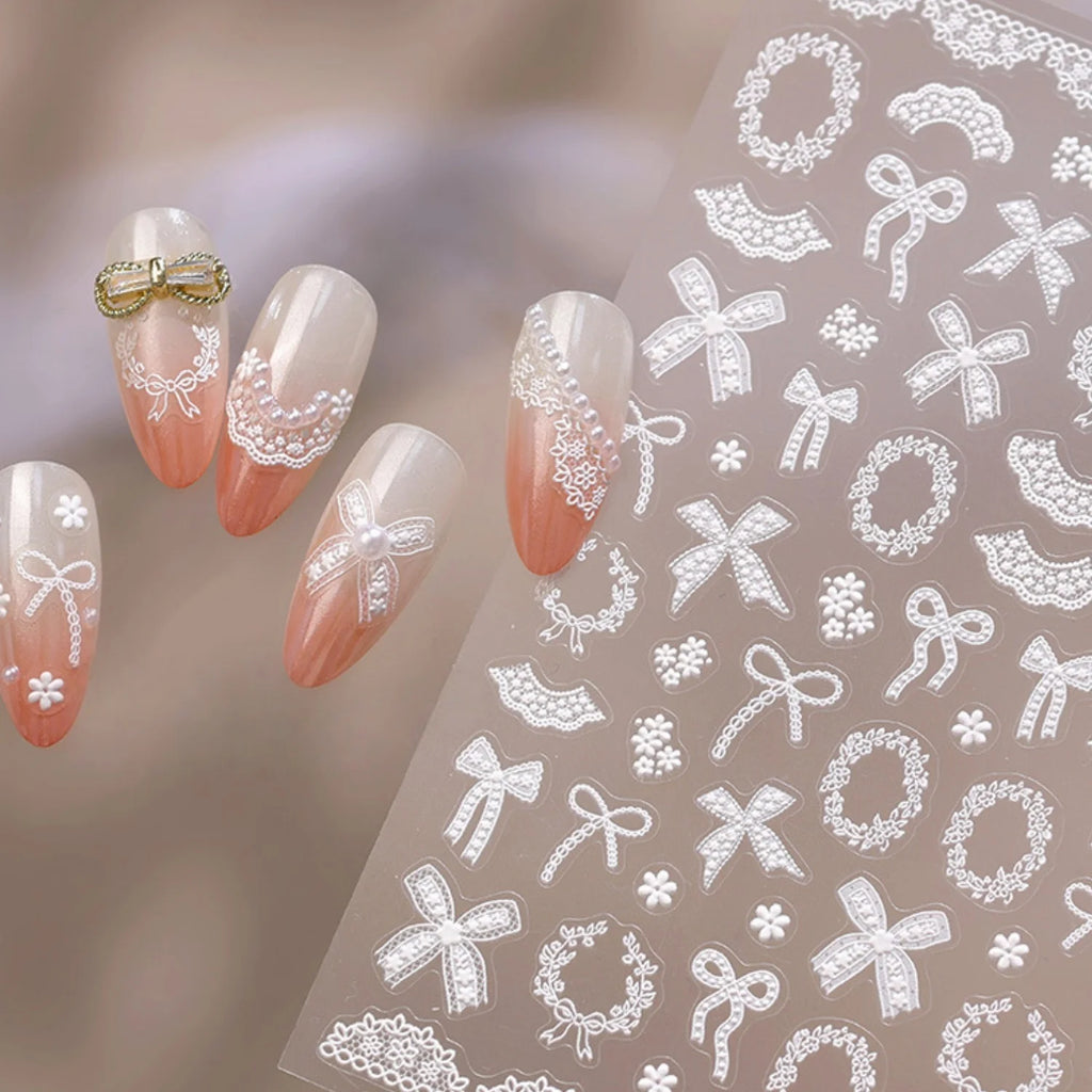 5D French Ballet Nail Stickers – White Lace Bow Flower Decals Nail Art Stickers QXL