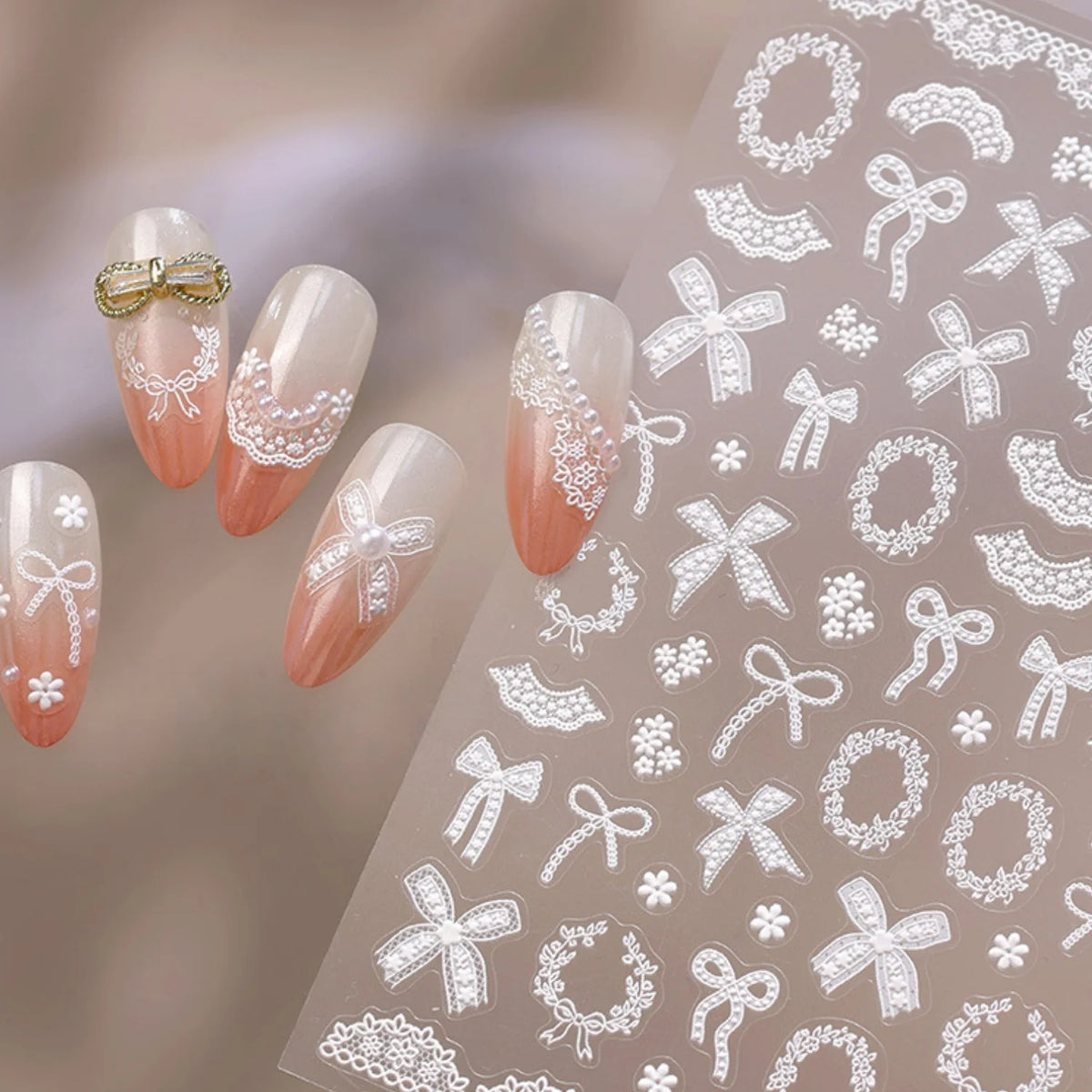 5D French Ballet Nail Stickers – White Lace Bow Flower Decals Nail Art Stickers QXL