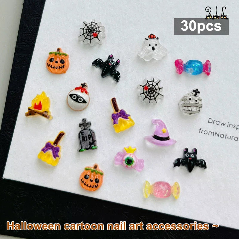 30-Pc Halloween 3D Resin Nail Charms | Pumpkin Ghost Kawaii Nail Art Charms QXL