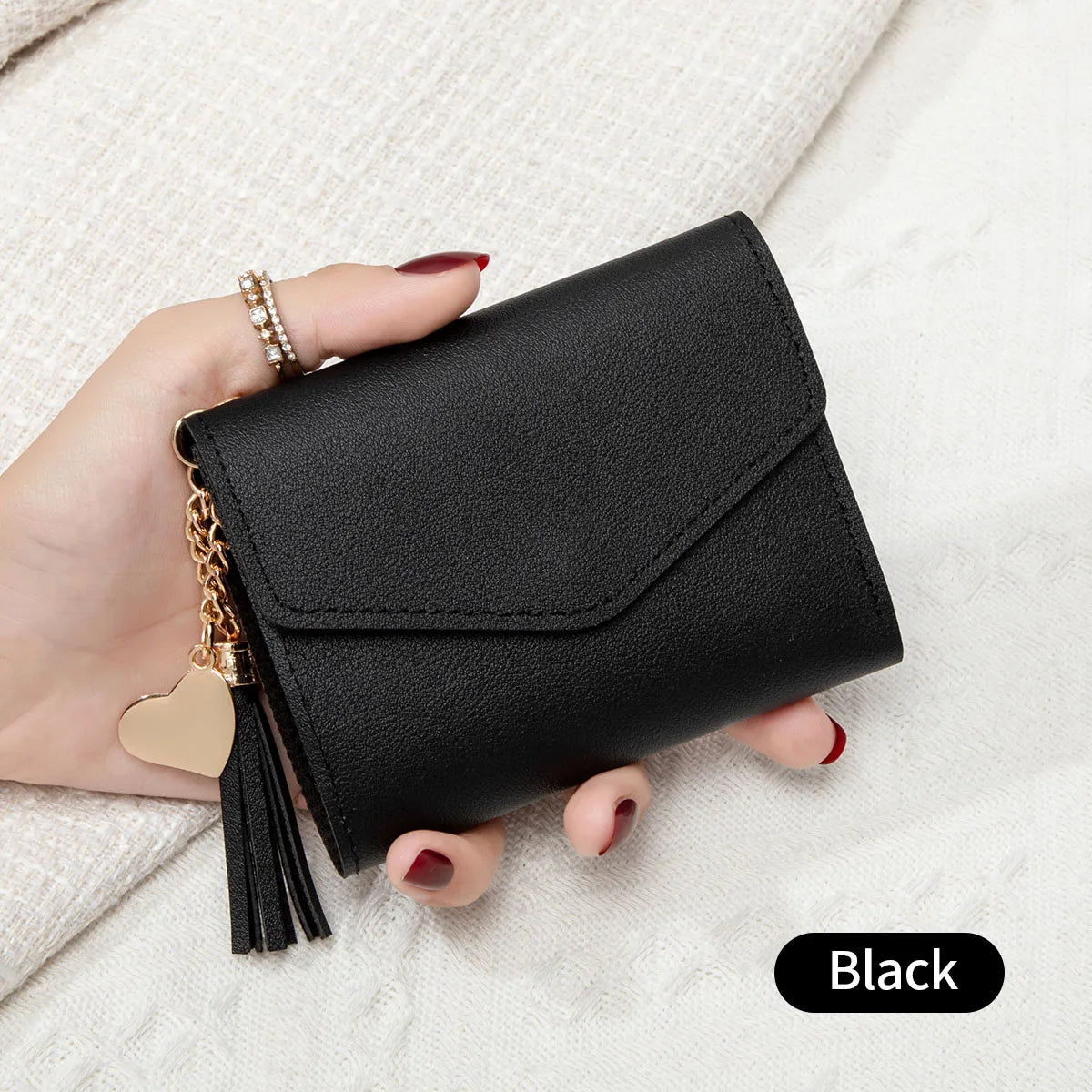 Women's Mini Clutch Wallet – Gold Snap, Tassel & Card Slots Mini Clutch Wallet QXL black
