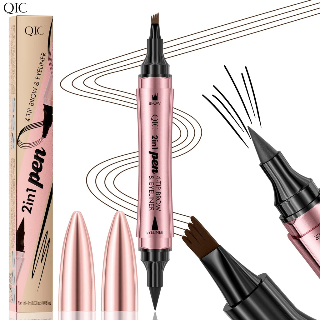 QIC 2-in-1 Waterproof Eyebrow Pen & Eyeliner 4-Fork Tip Eyebrow Pen & Eyeliner QXL