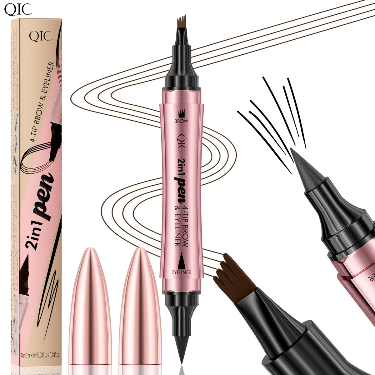 QIC 2-in-1 Waterproof Eyebrow Pen & Eyeliner 4-Fork Tip Eyebrow Pen & Eyeliner QXL