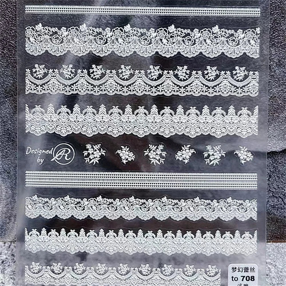 5D Kawaii Lace Nail Art Stickers | Japanese Black & White Decals Nail Art Stickers QXL