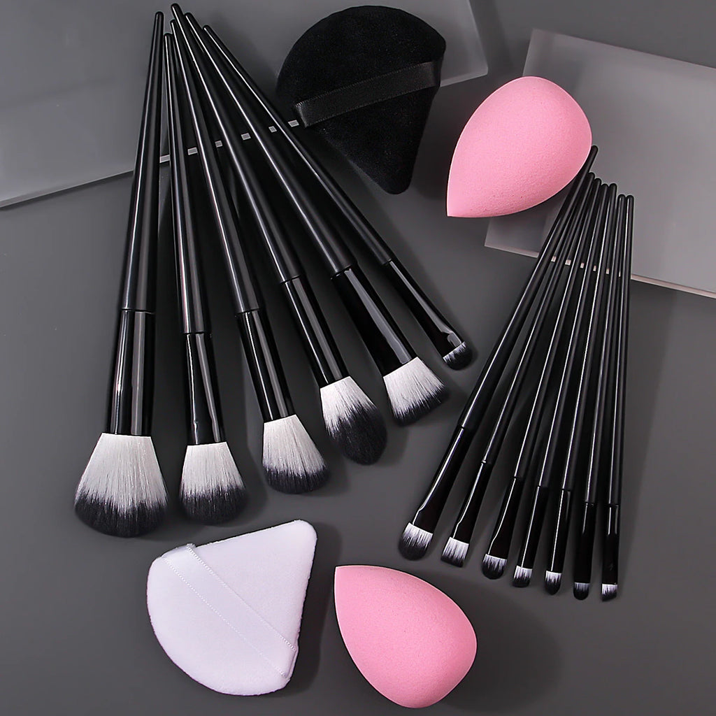17-Pc Black Makeup Brush Set with Sponges & Powder Puffs Makeup Brush Set QXL