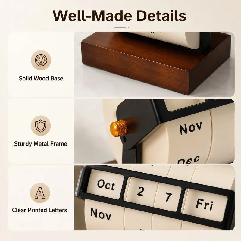 Wheel Perpetual Calendar | Manual Rotating Desk Calendar Wood Base Perpetual Desk Calendar QXL