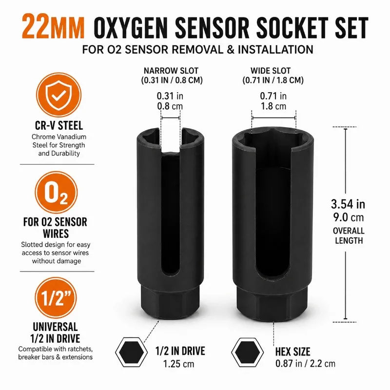 22mm O2 Sensor Socket 1/2" Drive Slotted CR-V Steel Removal Tool Sensor Removal Socket QXL