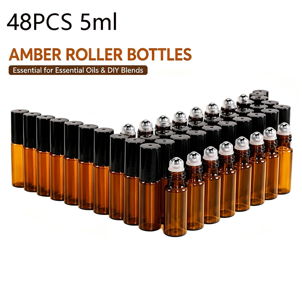 48-Pack 5ml Amber Glass Roller Bottles | Steel Roller Ball Glass Roller Bottles QXL Glass Brown 5ml