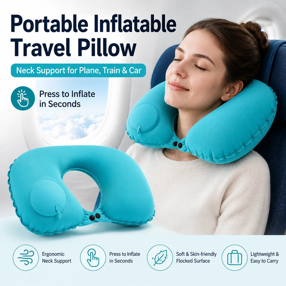 Inflatable U-Shaped Travel Neck Pillow | Built-In Press Pump Inflatable Travel Pillow QXL