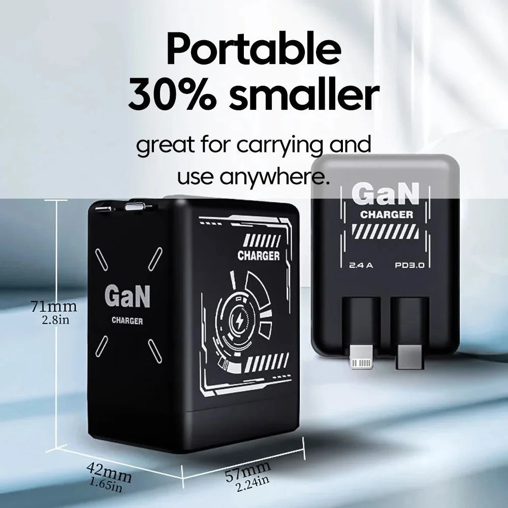 20W GaN PD3.0 Fast Charger | Retractable USB-C Cable Adapter GaN USB-C Wall Charger QXL