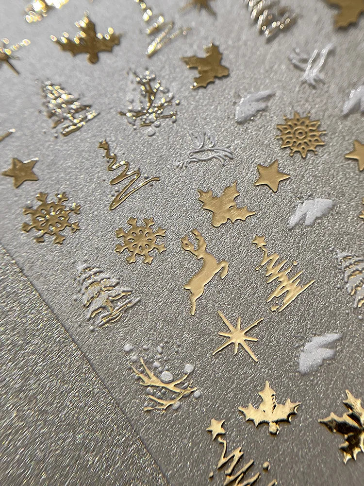 Christmas 5D Gold Foil Nail Stickers – Reindeer & Snowball Nail Art Stickers QXL
