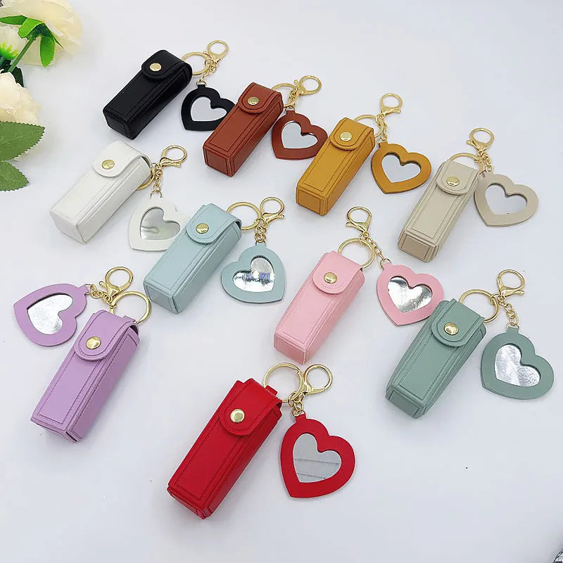 Mini PU Lipstick Case Keychain with Heart-Shaped Mirror Lipstick Case Keychain QXL